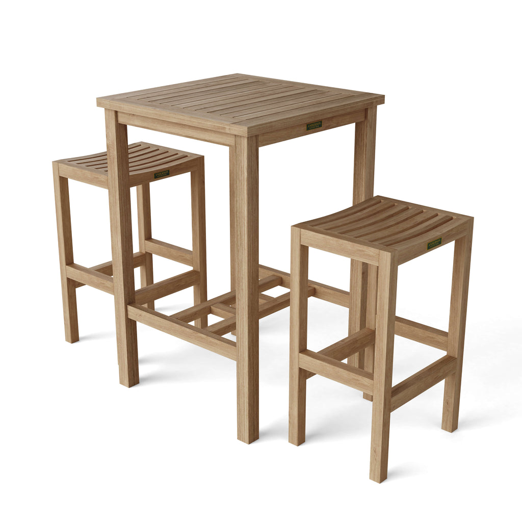 Avalon 3-piece teak bar set with square table and two Montego backless chairs