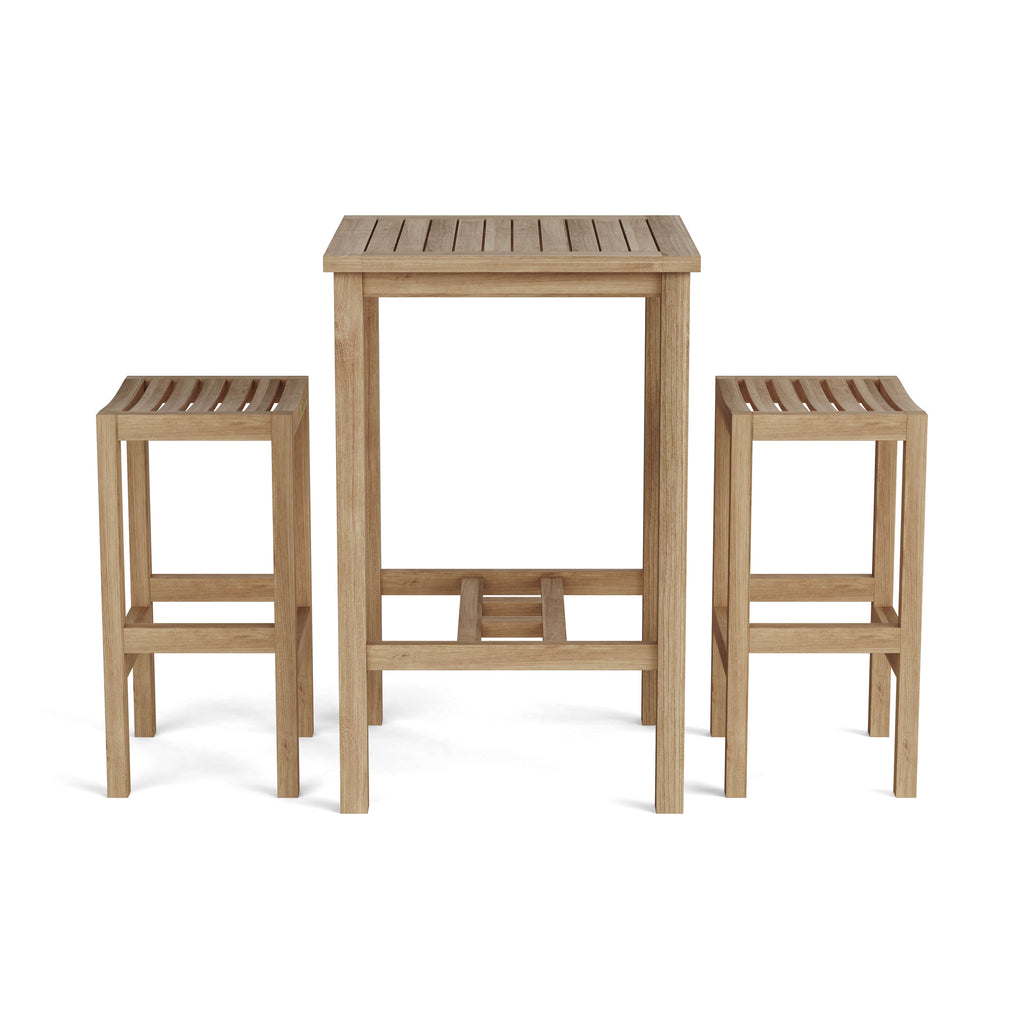 Front view of Avalon bar-height teak table with two backless chairs
