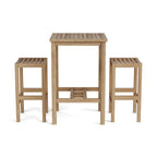 Front view of Avalon bar-height teak table with two backless chairs