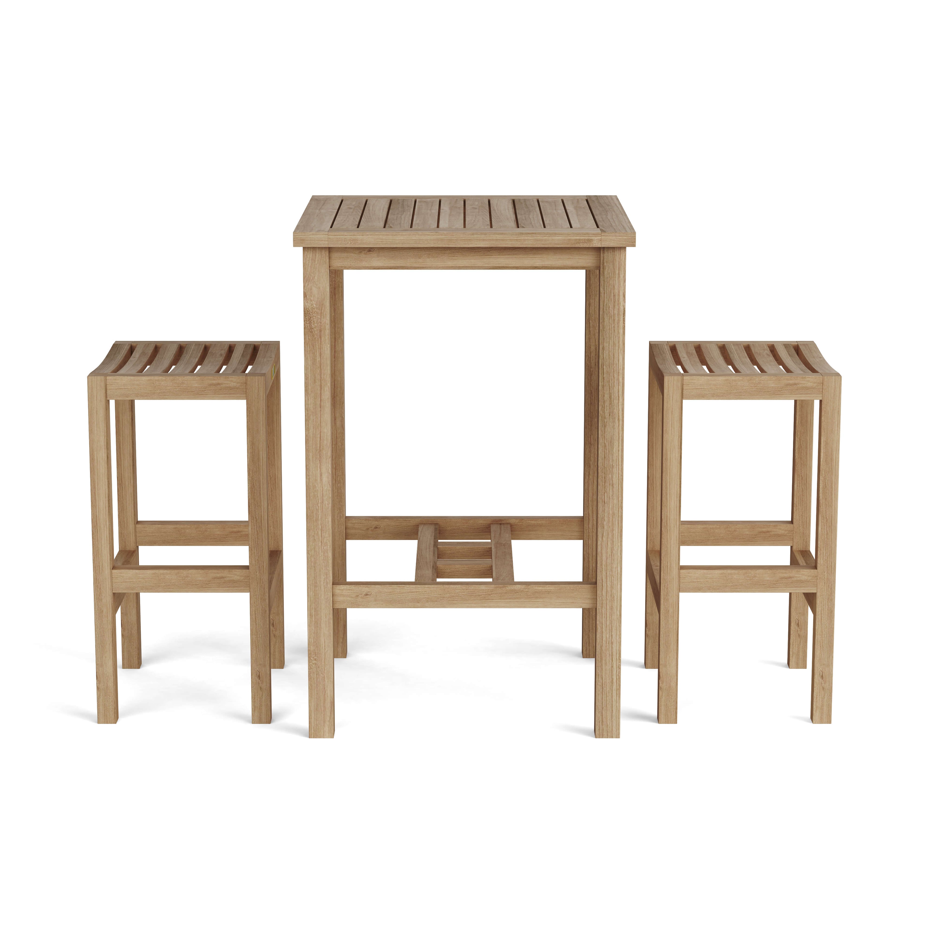 Front view of Avalon bar-height teak table with two backless chairs