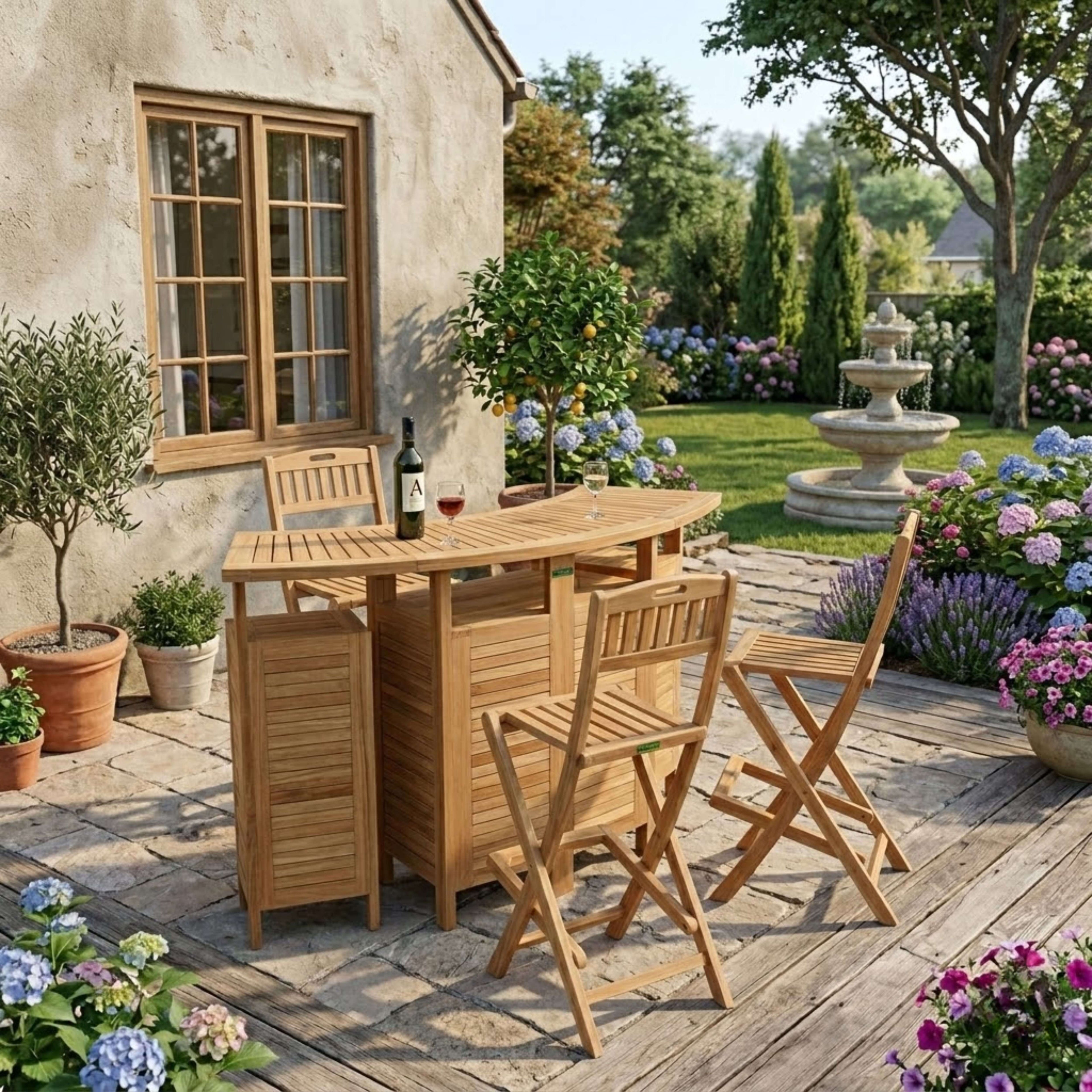 Altavista folding teak bar set with four chairs on a garden patio