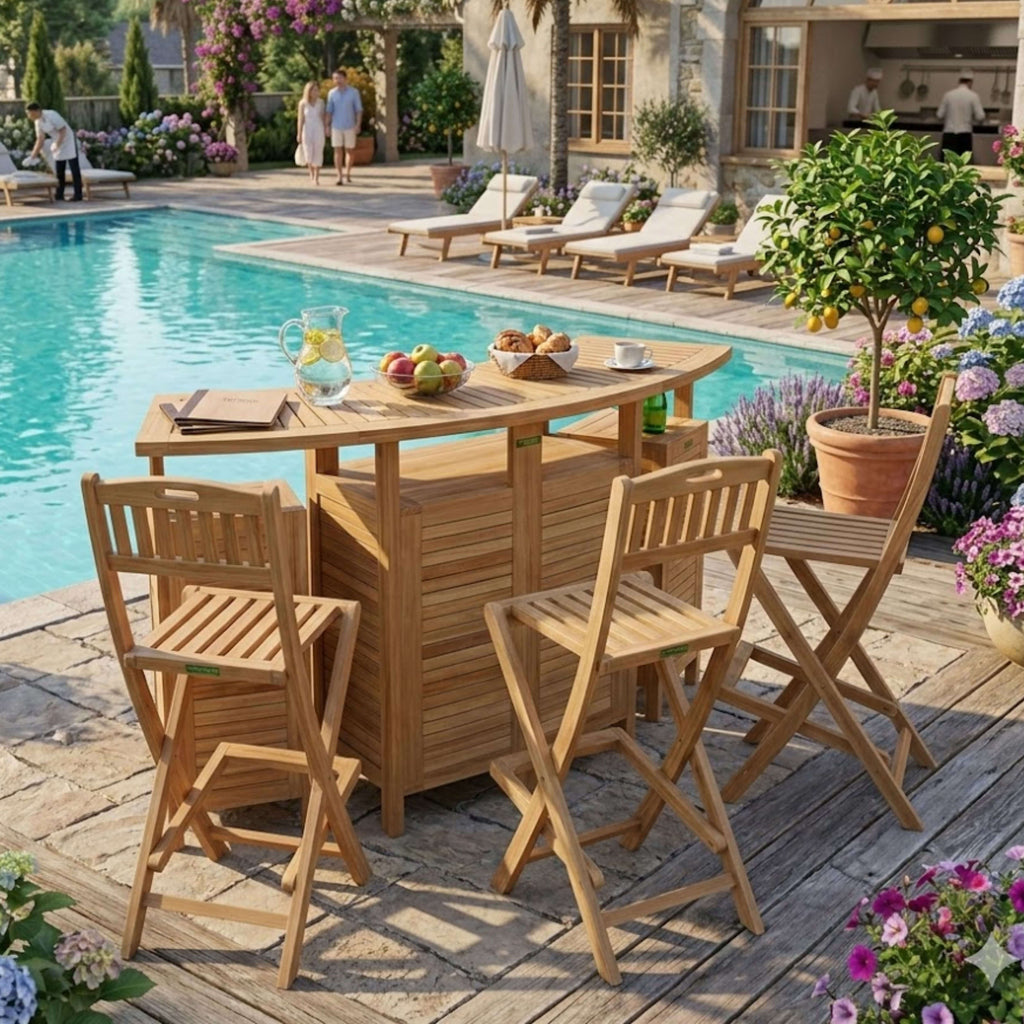 Altavista folding teak bar with four chairs beside a resort pool