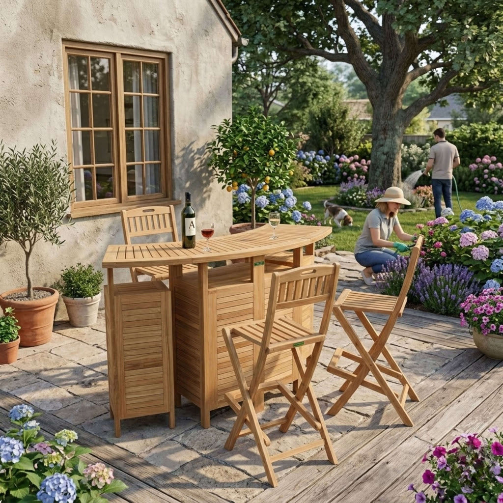 Altavista teak bar table with folding chairs on an outdoor deck