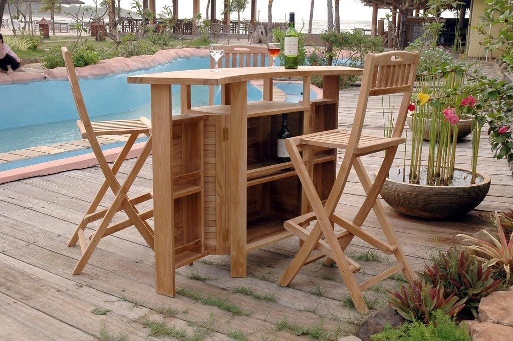 Altavista teak bar showing interior bottle-storage shelves with folding chairs