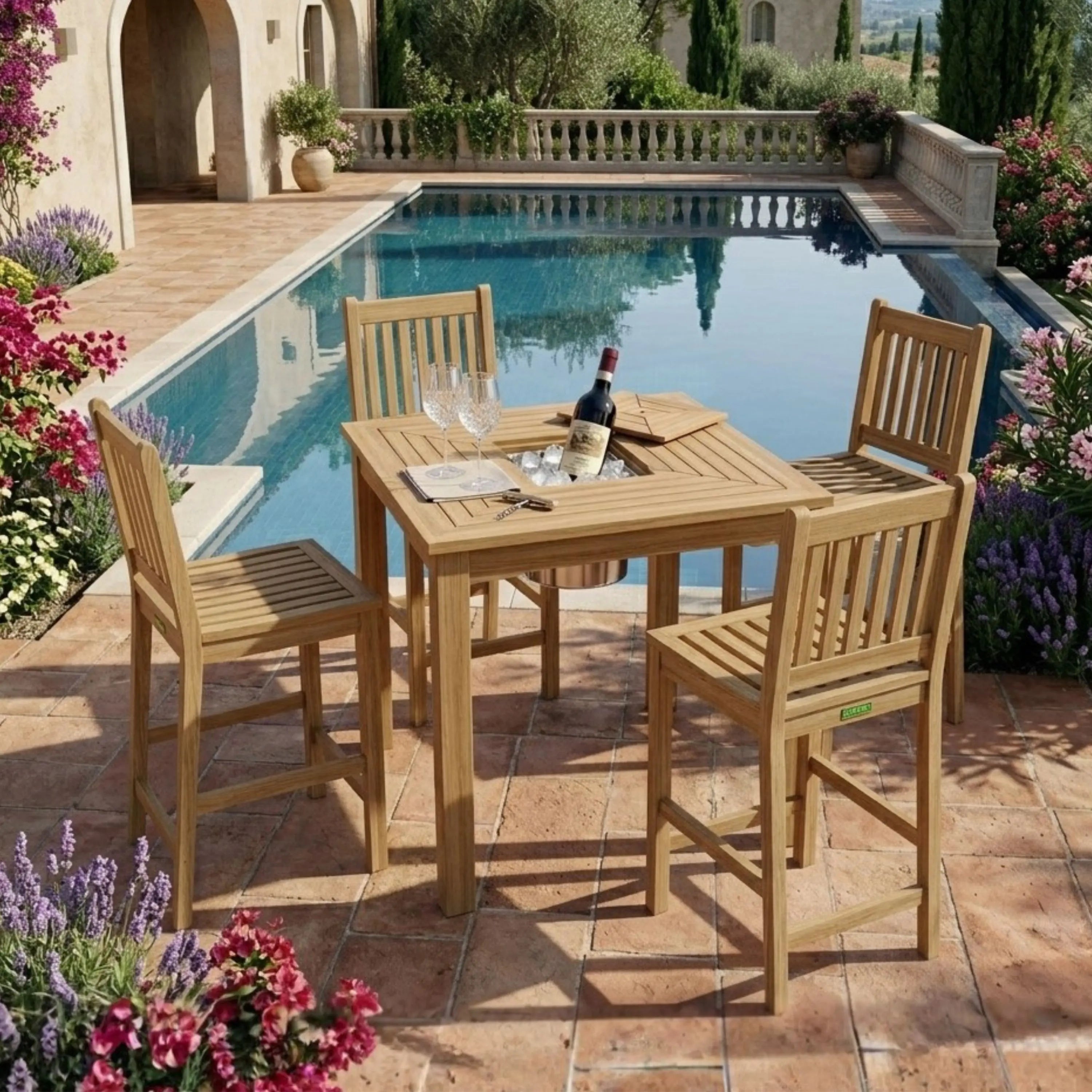 Chatsworth Avalon teak bar set beside a pool with flowering garden landscaping