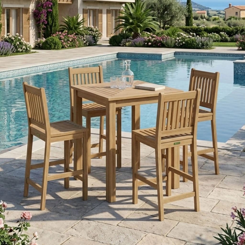 Avalon teak bar chairs around a Chatsworth ice-chiller table beside a landscaped pool