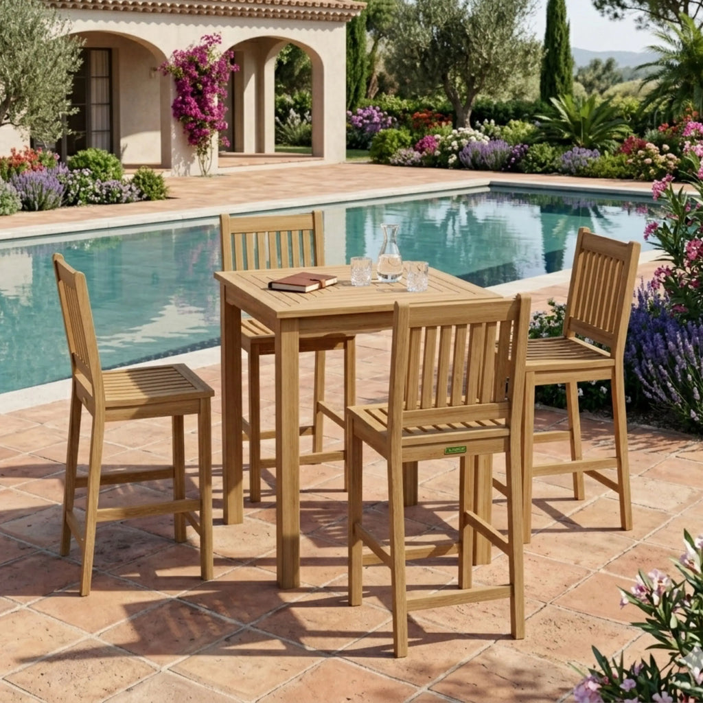 Alternate view of the Chatsworth Avalon five-piece teak bar set beside a pool