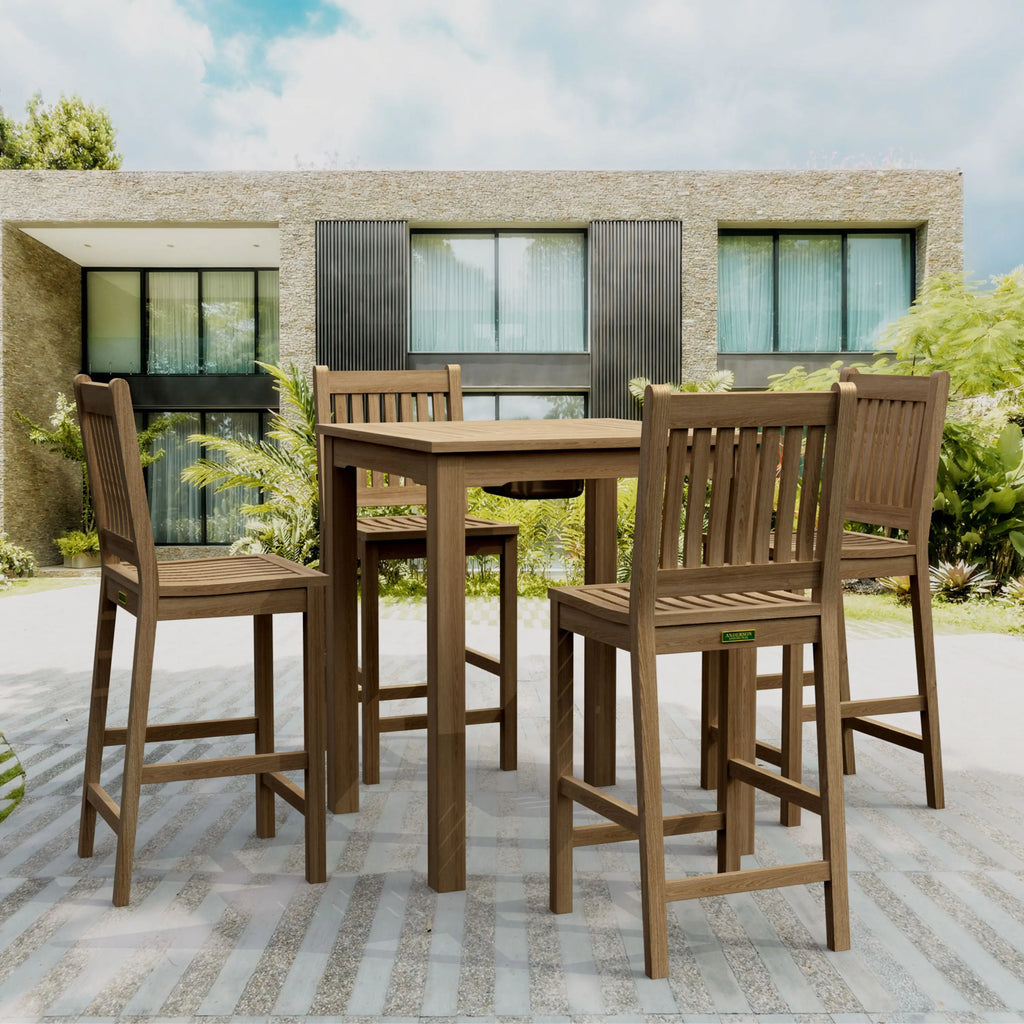 Chatsworth Avalon teak bar set arranged on a patio outside a modern residence