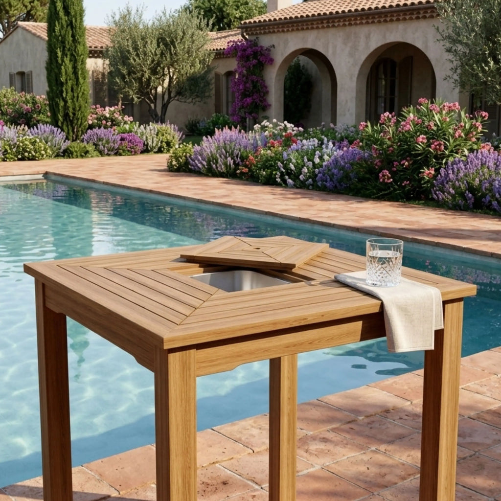 Chatsworth teak ice-chiller bar table beside a pool with the tabletop closed