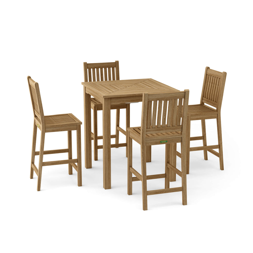 Chatsworth Avalon five-piece teak bar set with four chairs on a white background