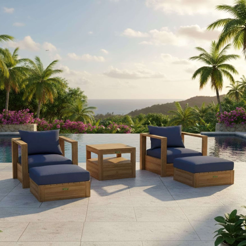 Copacabana 5-Piece Teak Modular Lounge Set — 2 Chairs, 2 Ottomans + Side Table