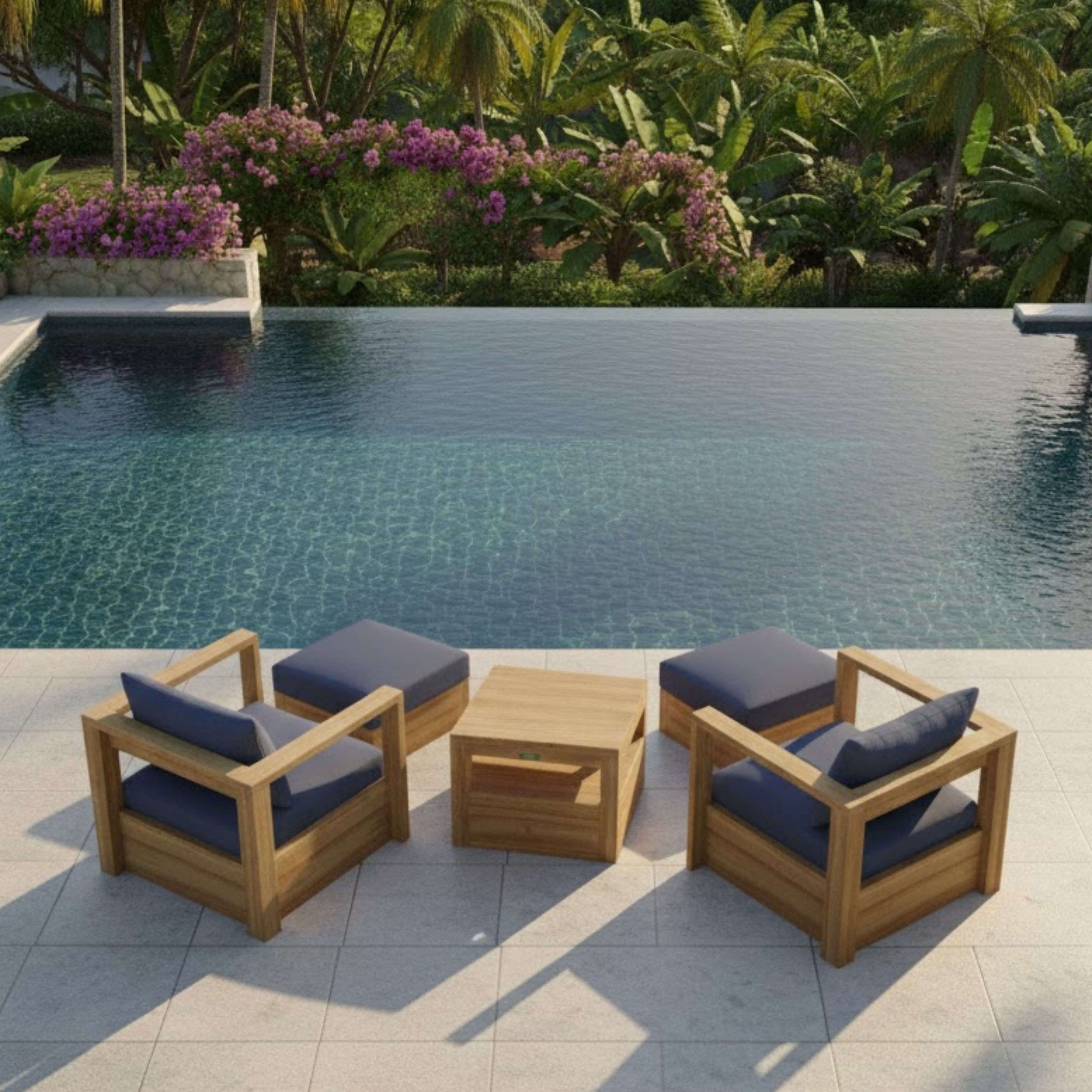 Copacabana 5-Piece Teak Modular Lounge Set — 2 Chairs, 2 Ottomans + Side Table
