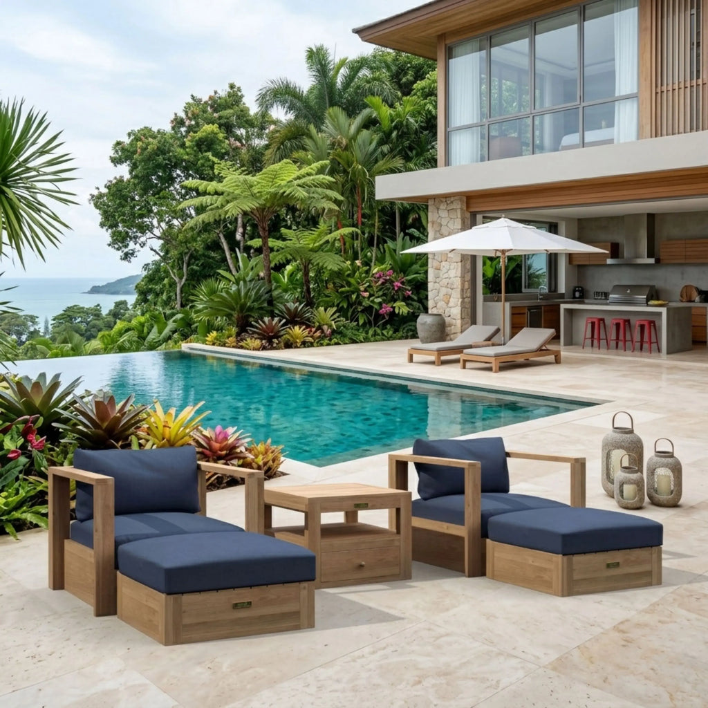 Copacabana 5-Piece Teak Modular Lounge Set — 2 Chairs, 2 Ottomans + Side Table