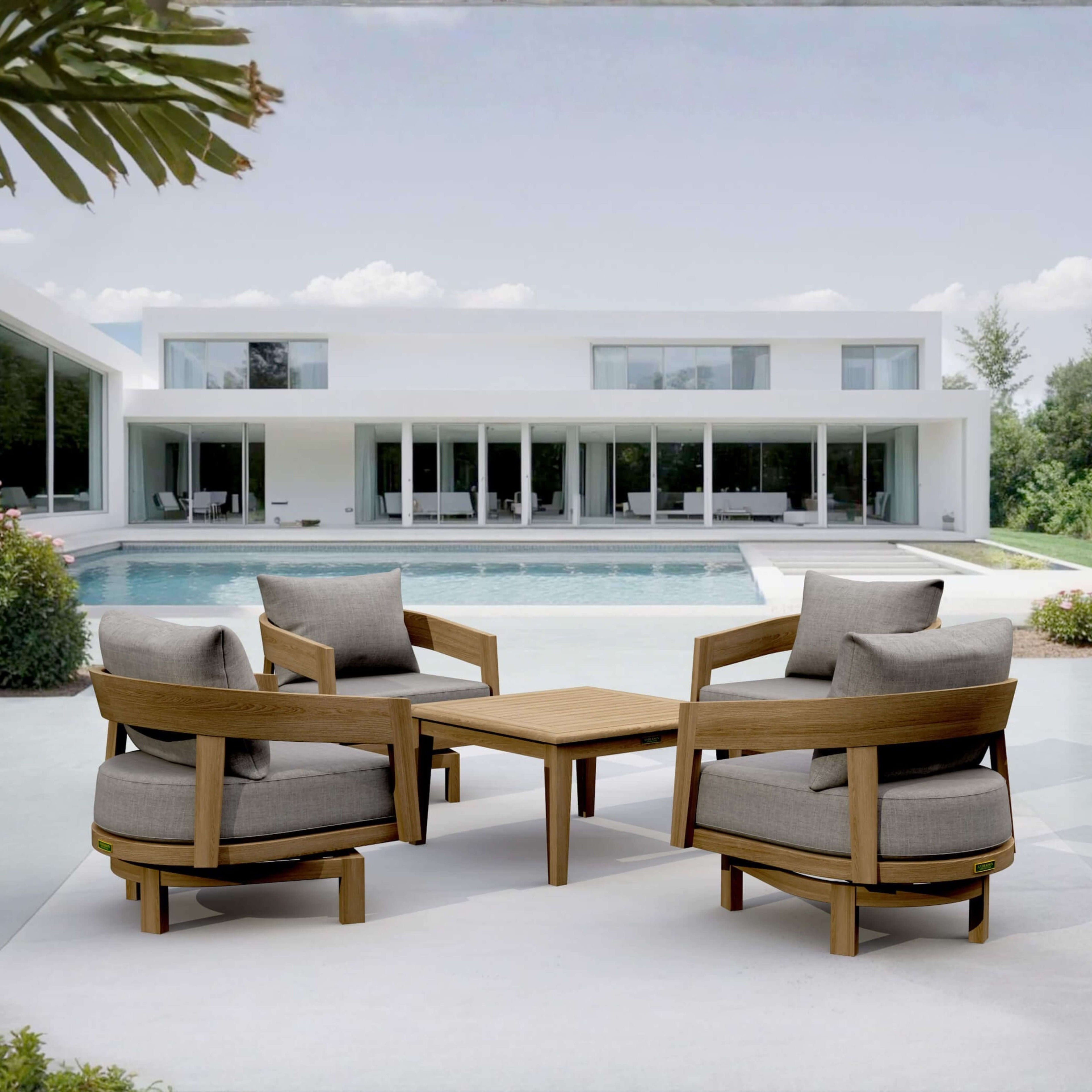 Toscana 5-Piece Teak Swivel Conversation Set — 4 Lounge Chairs + Coffee Table
