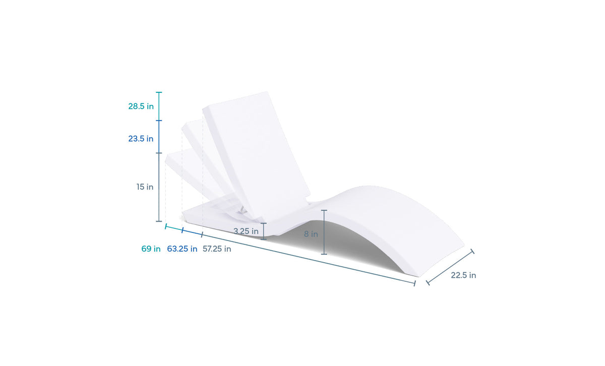 Dimensions diagram showing the backrest positions of an adjustable tanning ledge lounger.