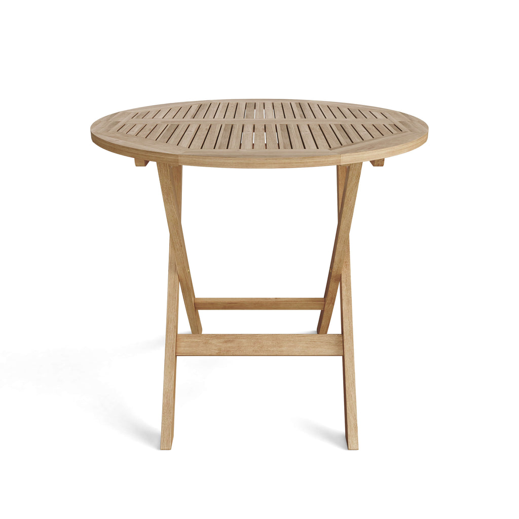 Windsor round folding teak table, front view