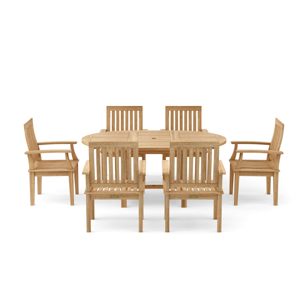 Bahama Brianna 7-Piece Extension Dining Set, front view studio product photo, natural teak finish