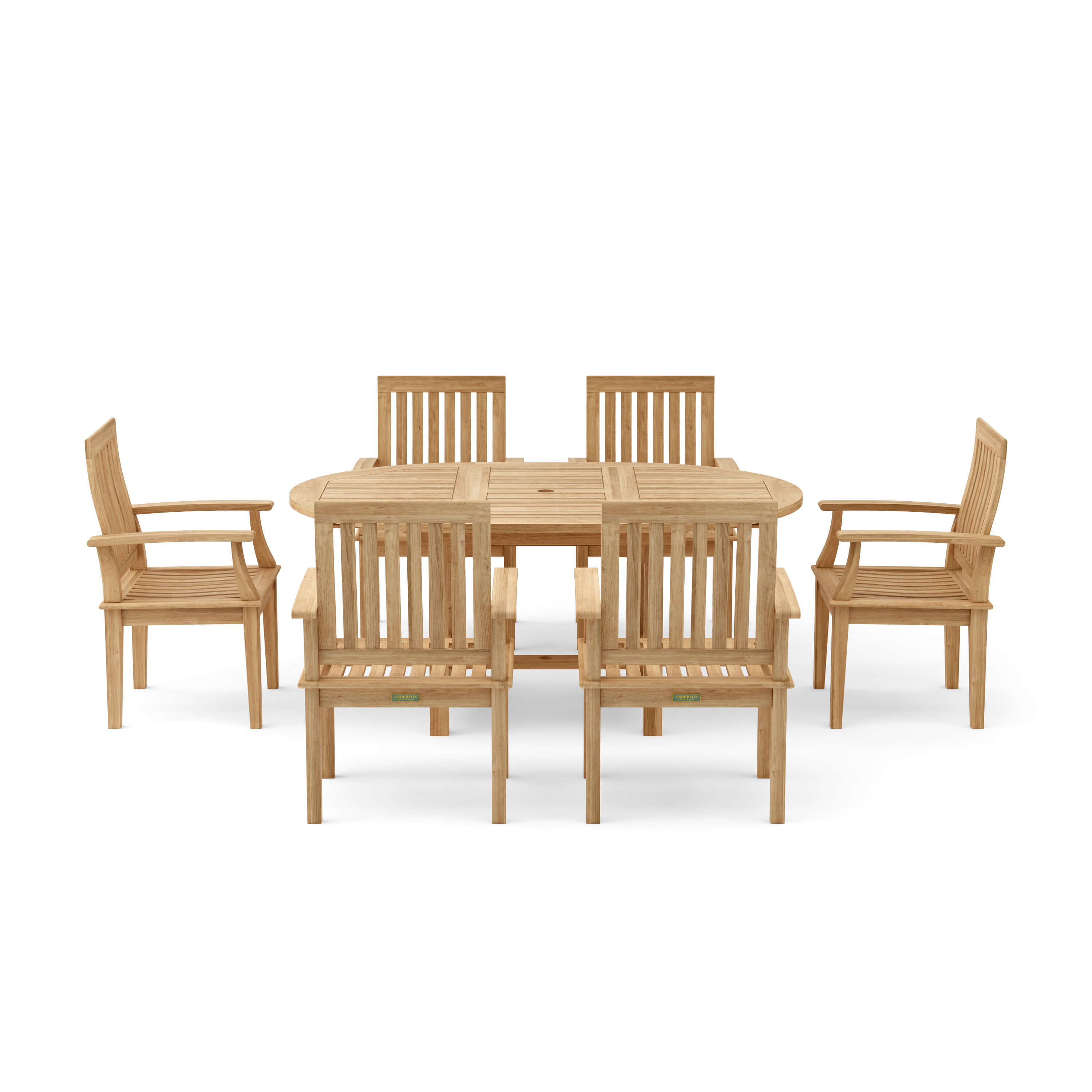 Bahama Brianna 7-Piece Extension Dining Set, front view studio product photo, natural teak finish