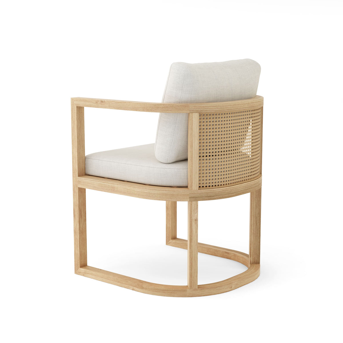 Junus teak and wicker dining armchair showing its curved woven back, rear angle