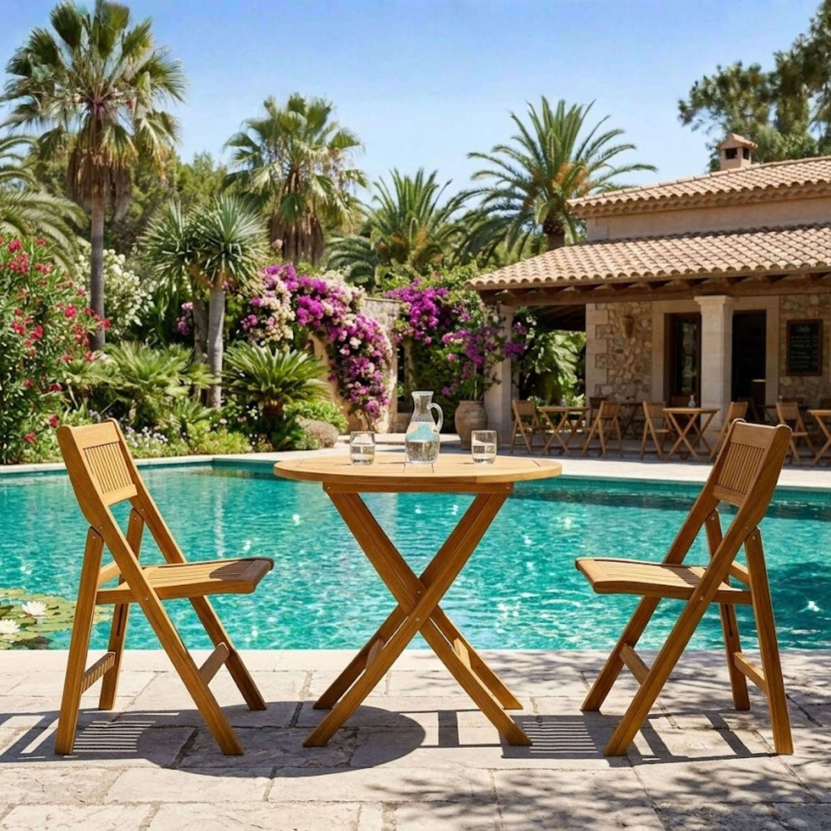 Windsor 31-inch round teak table and two folding chairs set for drinks beside a pool