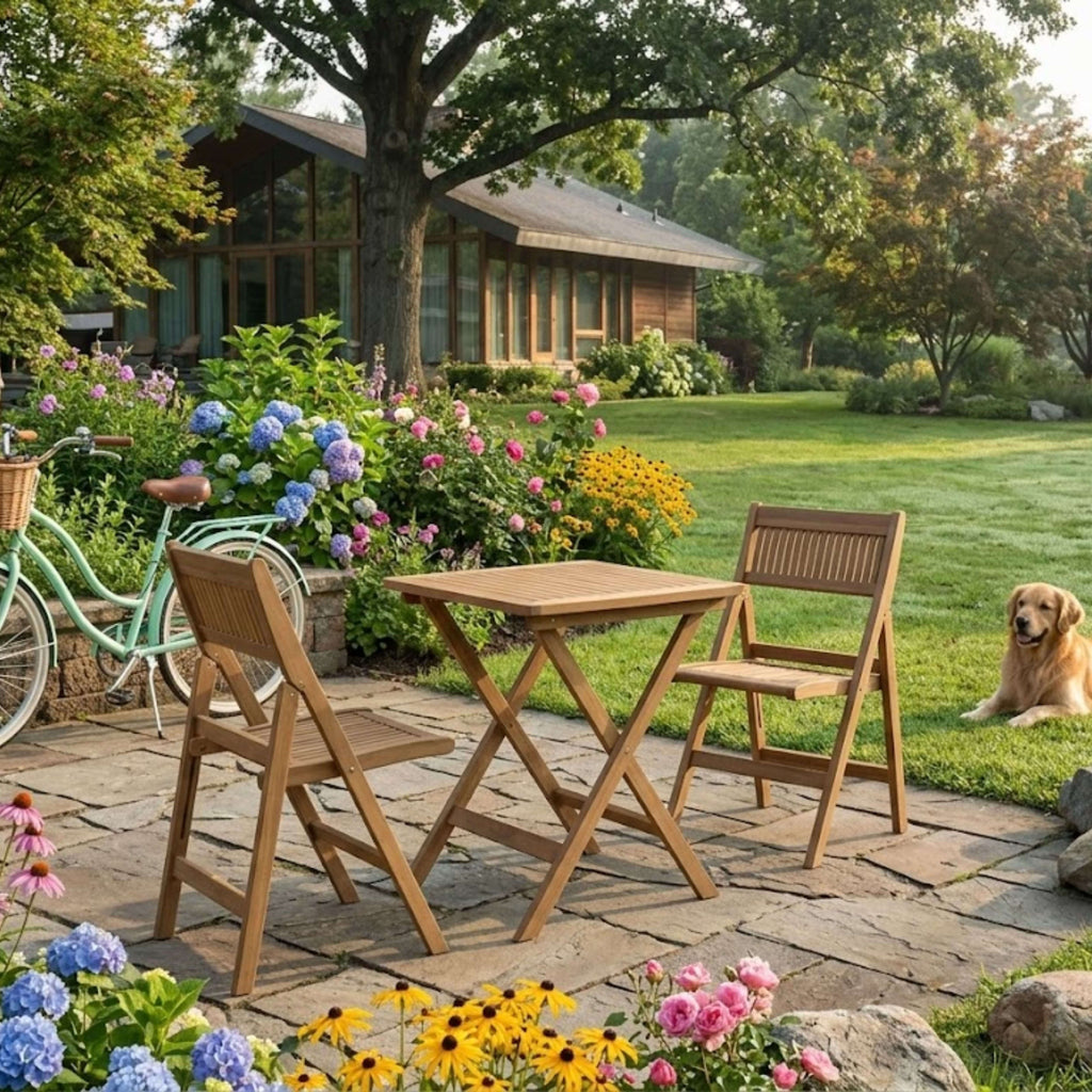 Windsor square folding teak bistro set for two on a flower-lined cottage patio