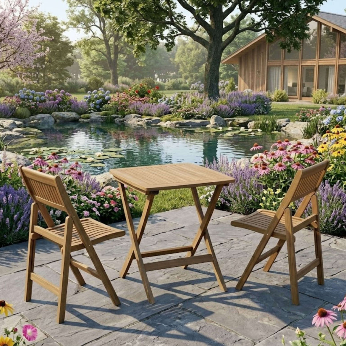 Windsor square teak bistro table and two folding chairs beside a garden pond