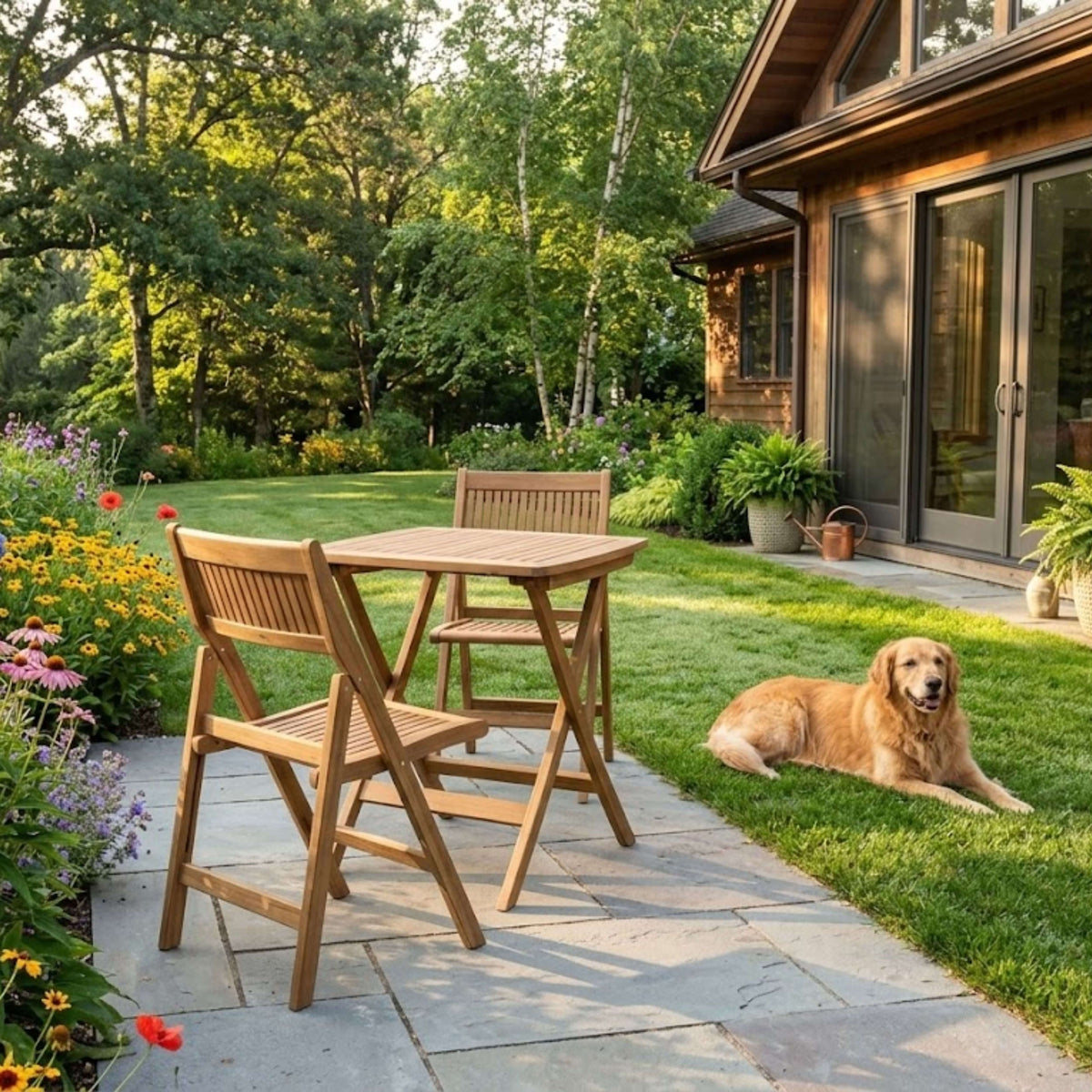 Windsor square teak bistro table and two chairs beside a lawn and timber home