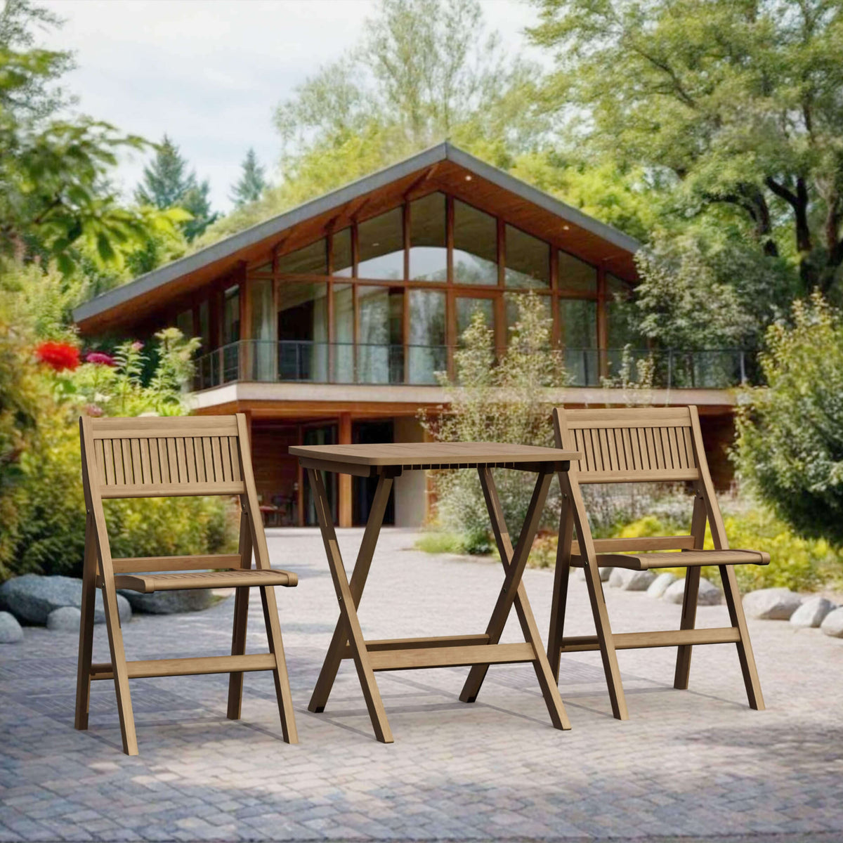 Windsor square folding teak bistro set outside a modern timber home