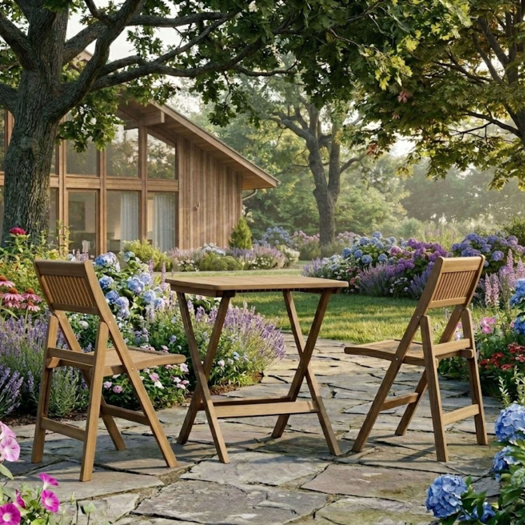 Windsor square teak table and two folding chairs on a shaded garden patio