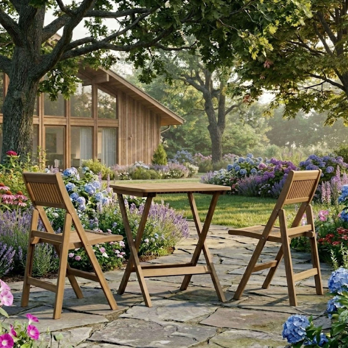 Windsor square teak table and two folding chairs on a shaded garden patio