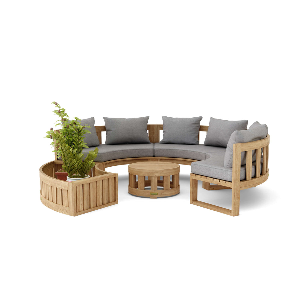 Circular Modular Teak Deep Seating Set — 6 Seats, Planter + Coffee Table