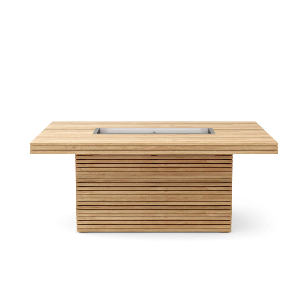 Straight long-side view of the Louvre teak fire table with an unlit burner and slatted base.