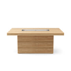 Straight long-side view of the Louvre teak fire table with an unlit burner and slatted base.